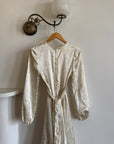 Vintage 70s Floral Satin Jacquard Wedding Dress Creme