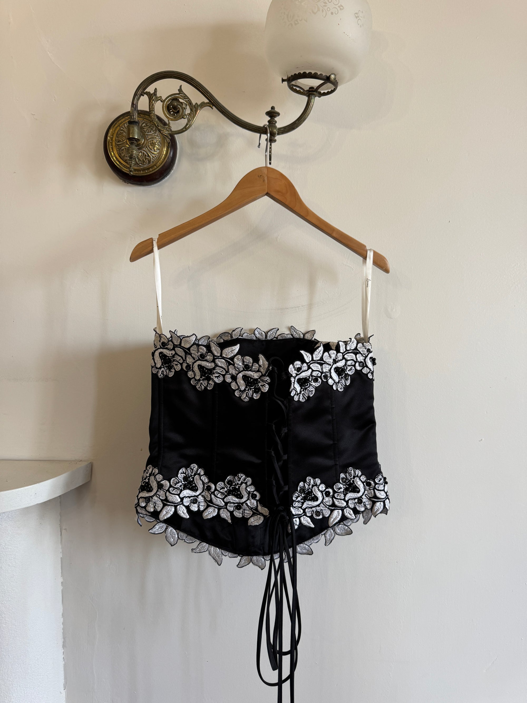 Vintage 90s Black Lace Up Corset with Contrast Flowers