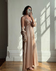 Vintage 80s Champagne Peach Robe and Slip Set