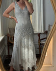 Vintage 90s Pure Silk Beaded V Neck Dress Light Grey