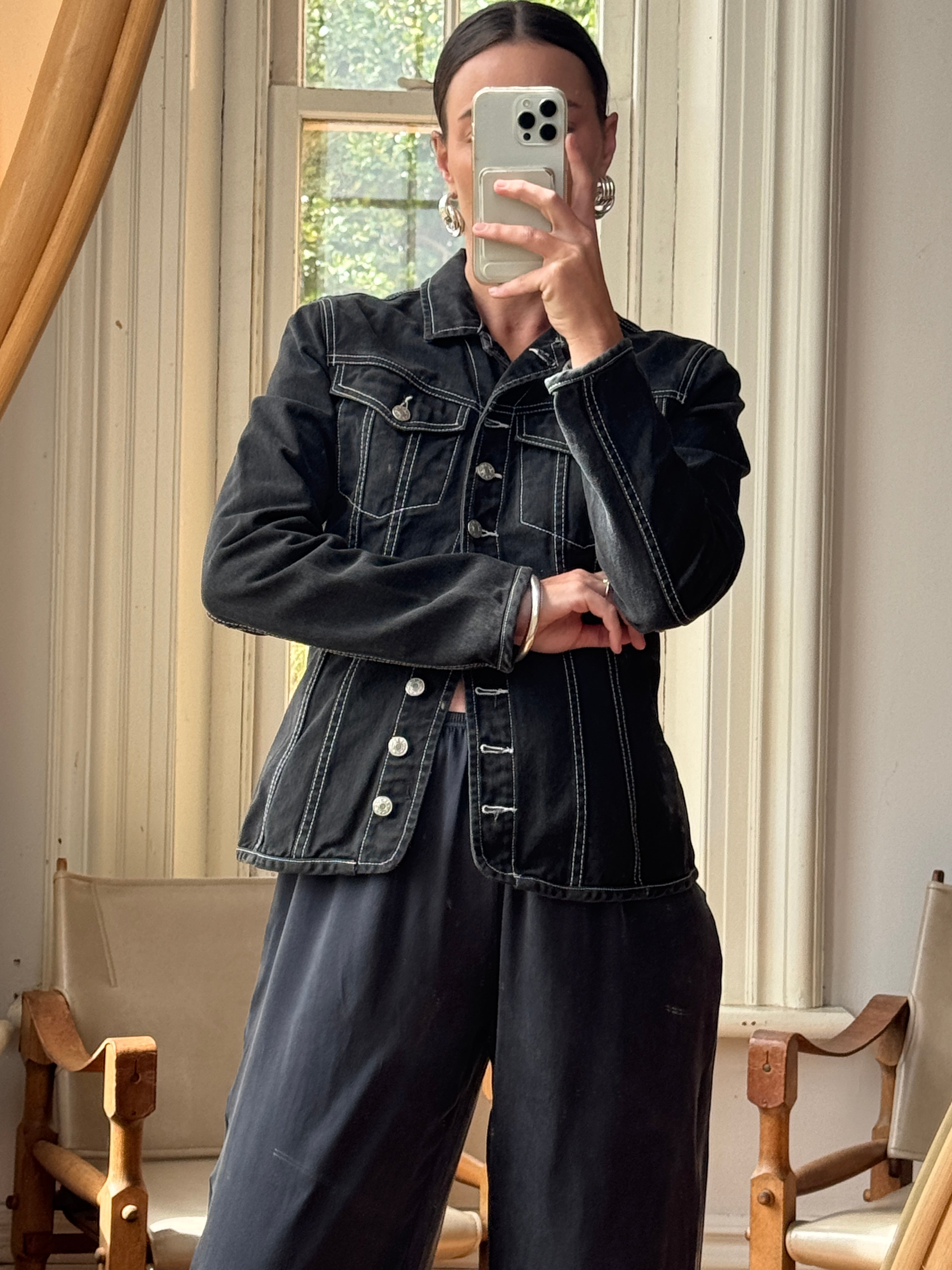 Vintage 90s Black Denim Contrast Stitch Top