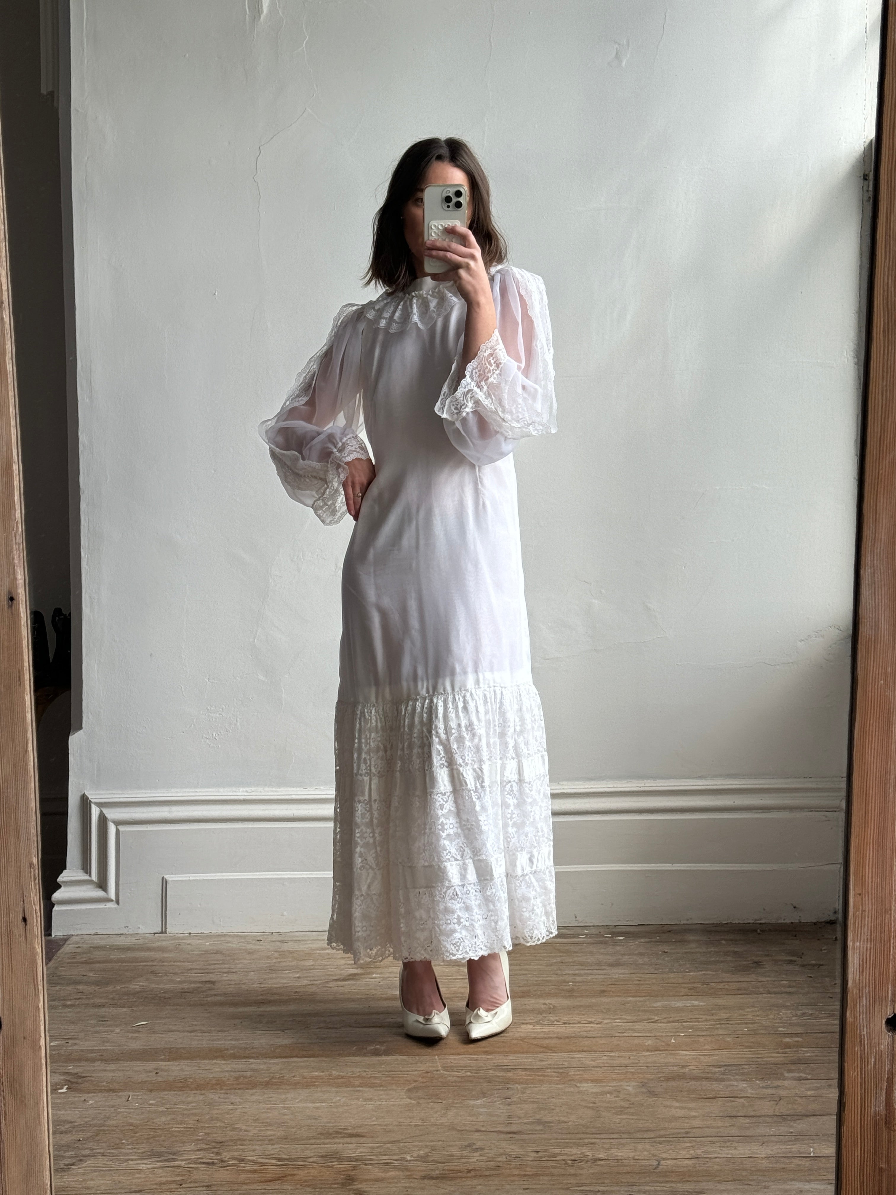 Vintage 70s Ruffled Bridal Midi