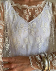 Vintage 80s Sheer Lace Fluted Wedding Dress