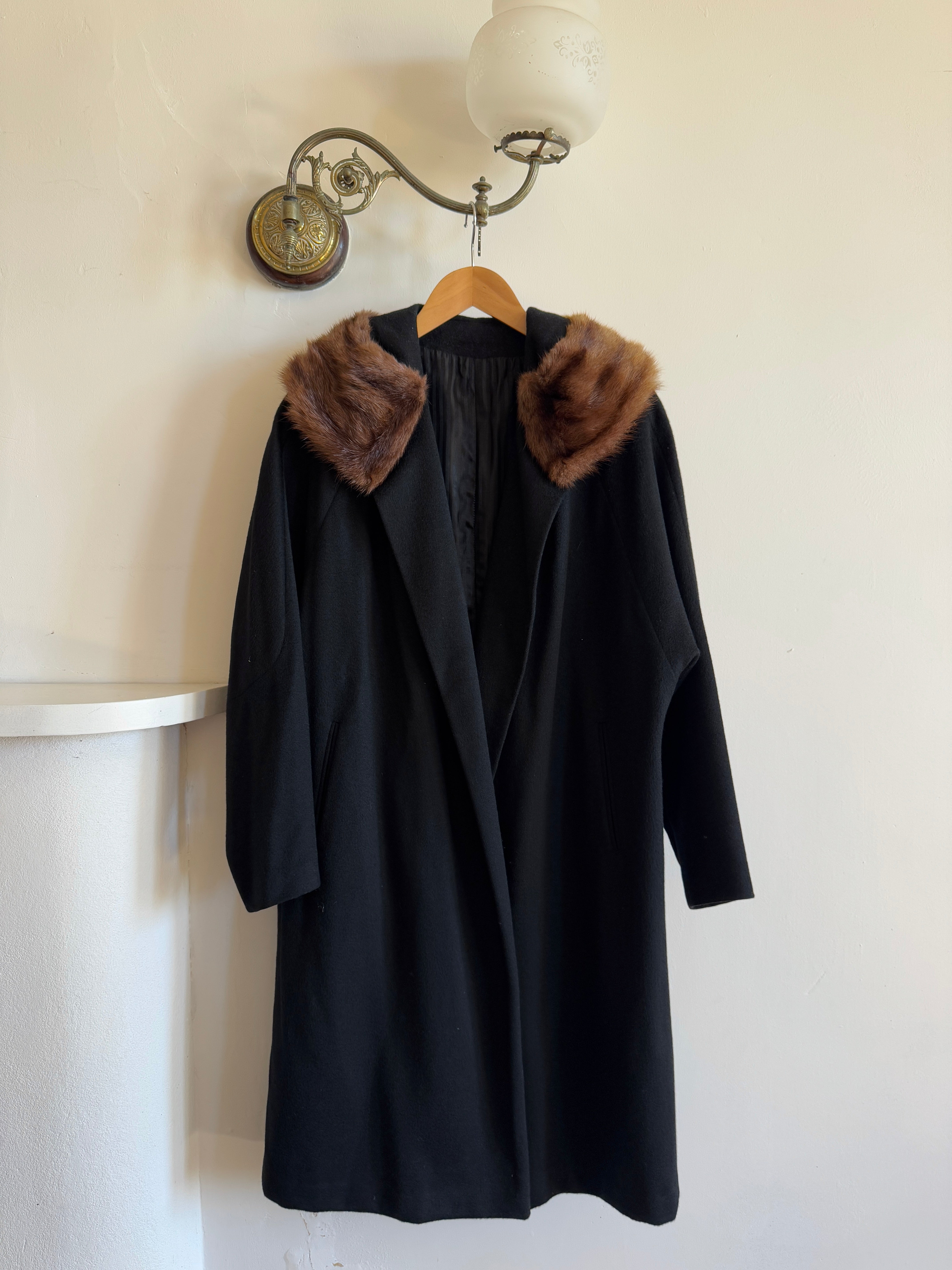 Vintage 60s Noir Pure Wool Mid Length Overcoat with Fur Collar