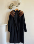 Vintage 60s Noir Pure Wool Mid Length Overcoat with Fur Collar