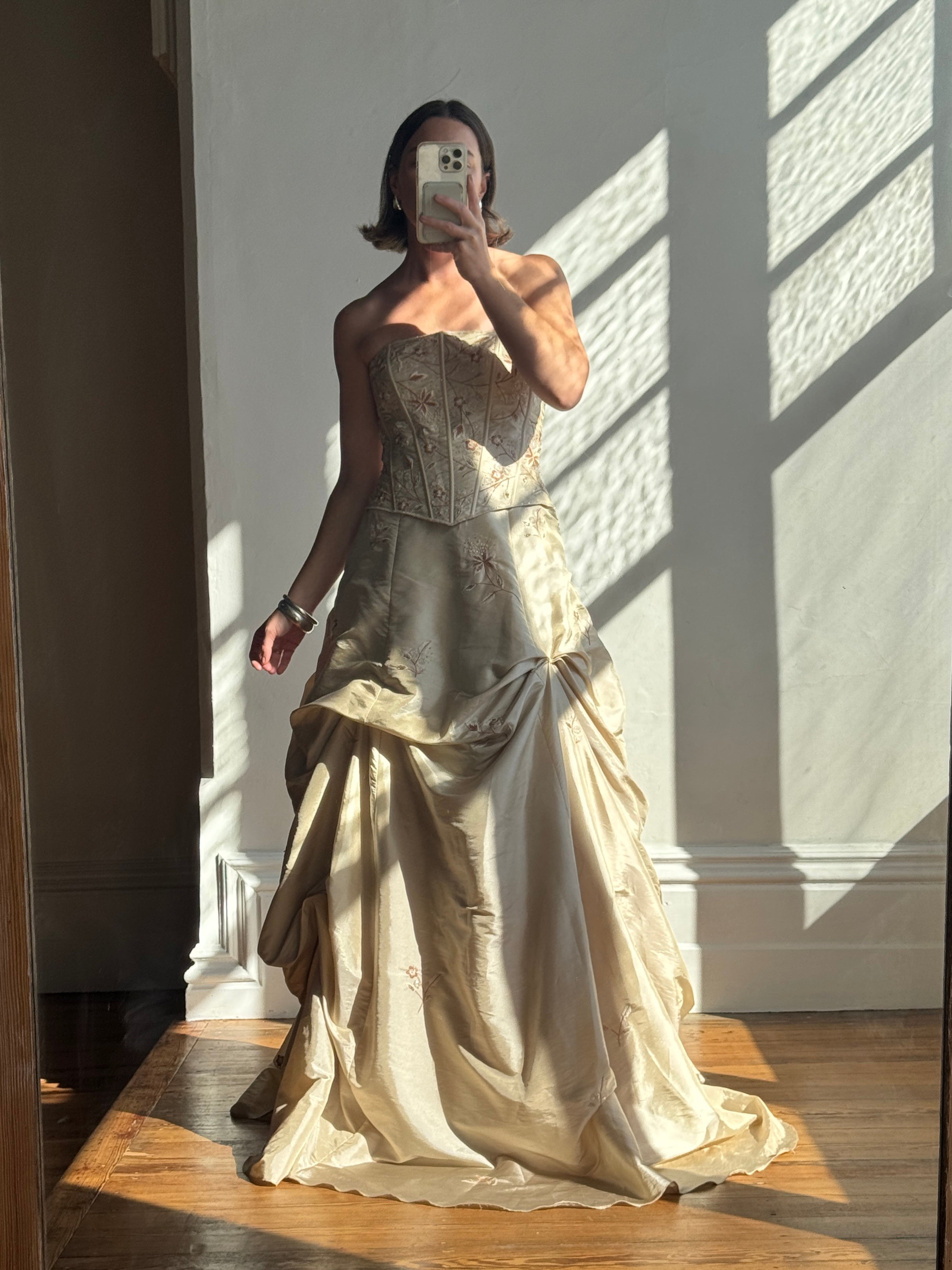 Vintage 90s Golden Embroidered Princess Strapless Gown