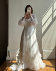 Vintage 70s Embroidered Prairie Long Sleeved Wedding Gown