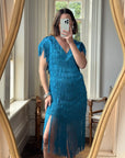 Vintage 80s Fringe Party Dress Ocean Blue