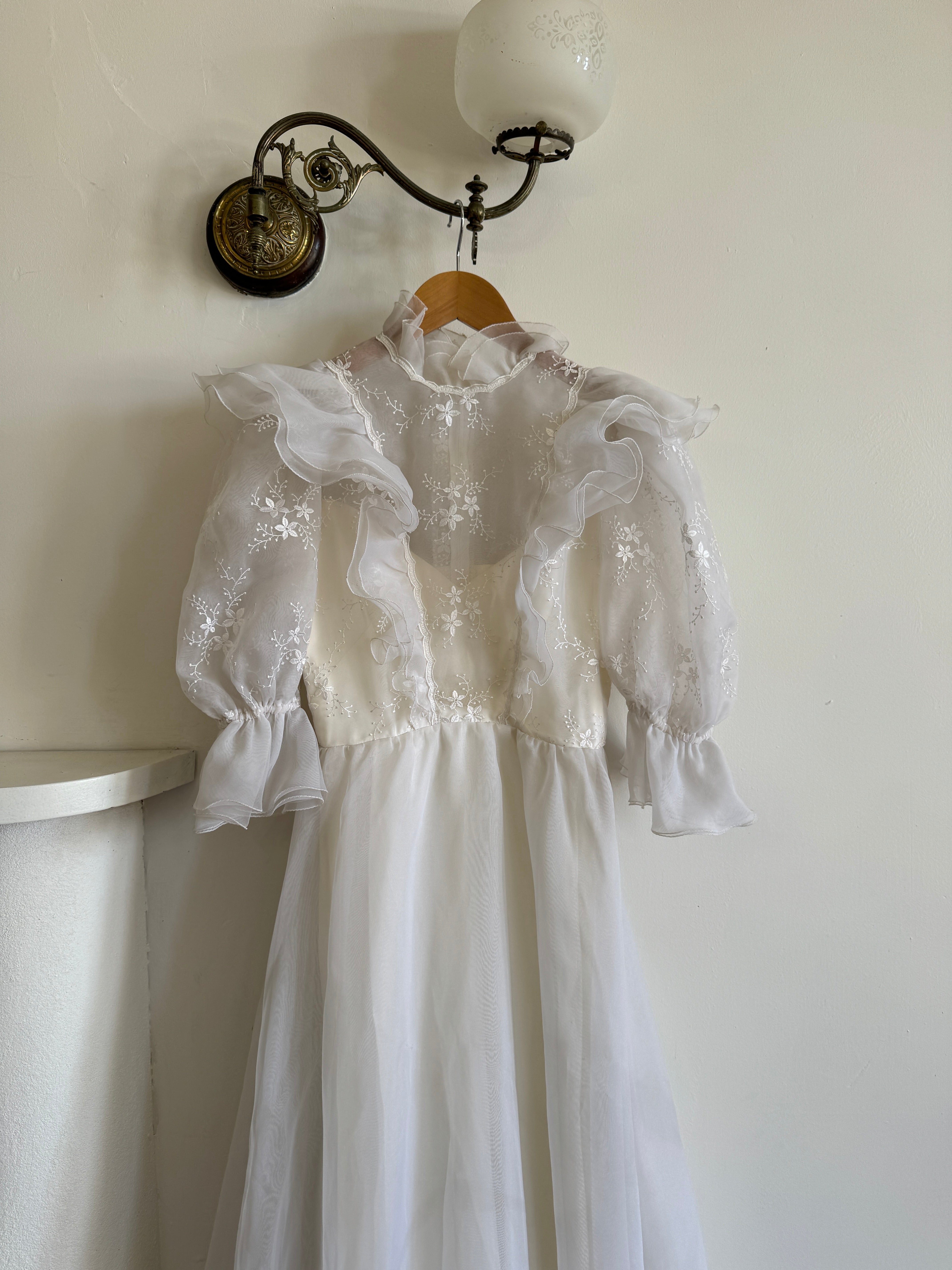 Vintage 80s Ruffled Sheer Organza Wedding Dress