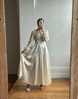 Vintage 70s Floral Satin Jacquard Wedding Dress Creme