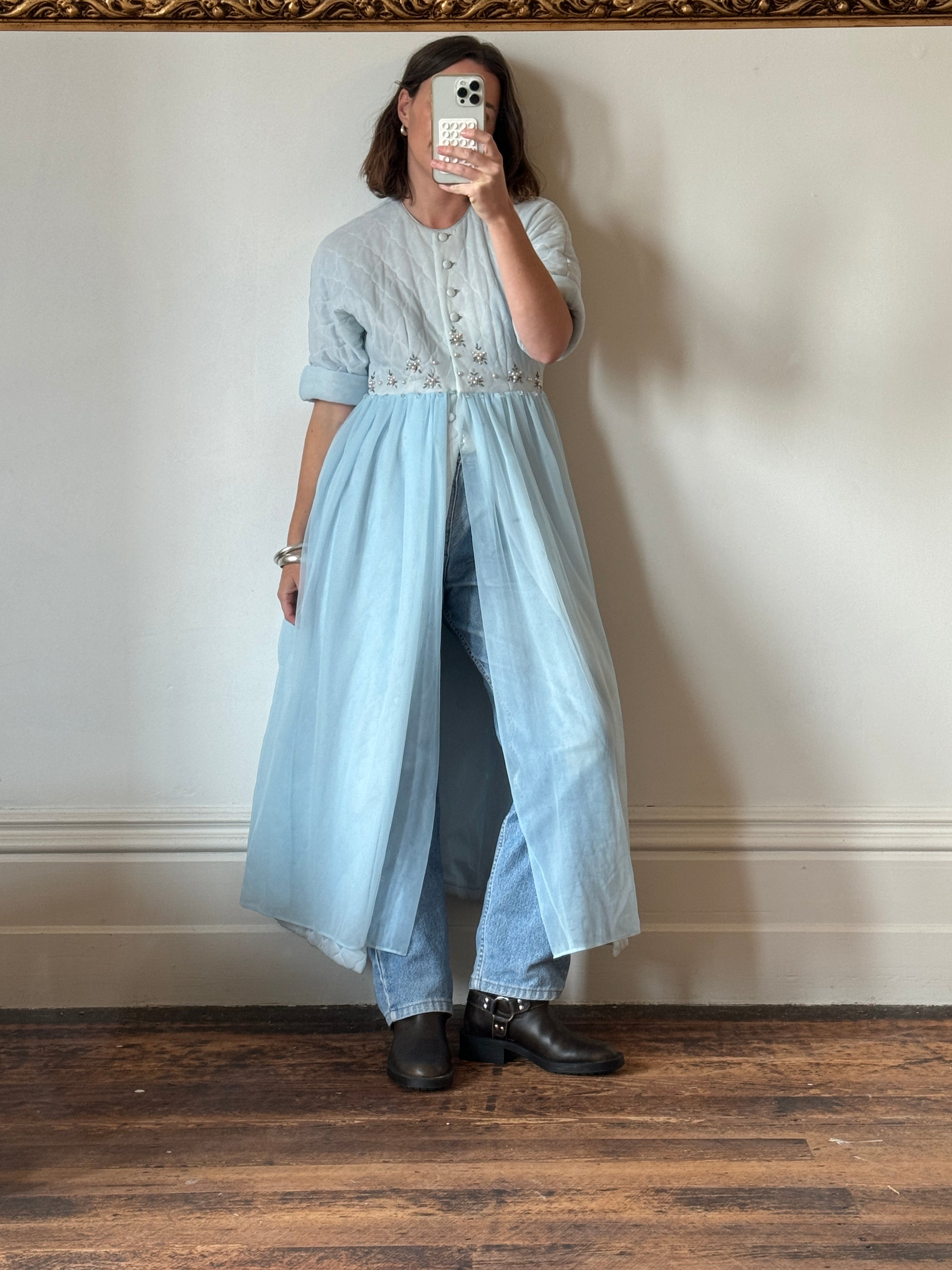 Vintage 50s Quilted Dress With Beading Baby Blue