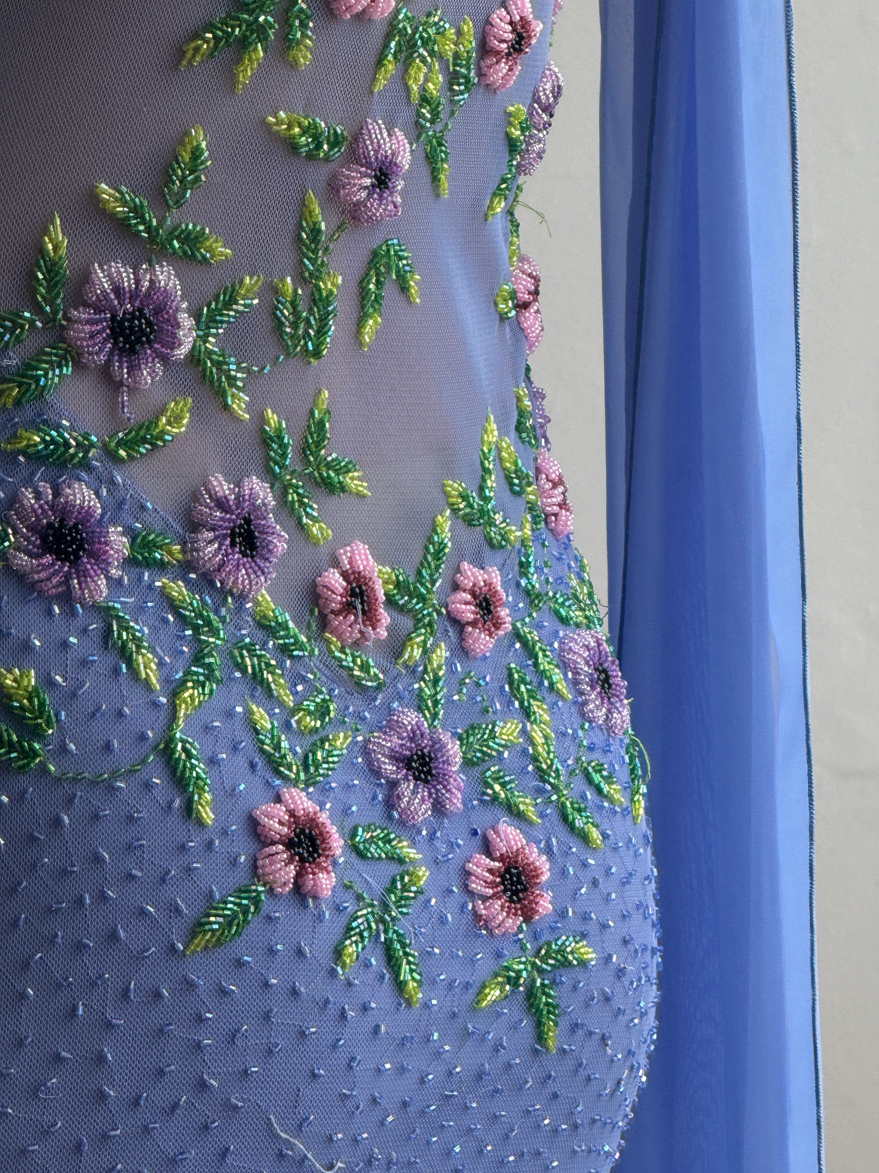 Vintage 90s Cornflour Blue Beaded Evening Gown With Scarf