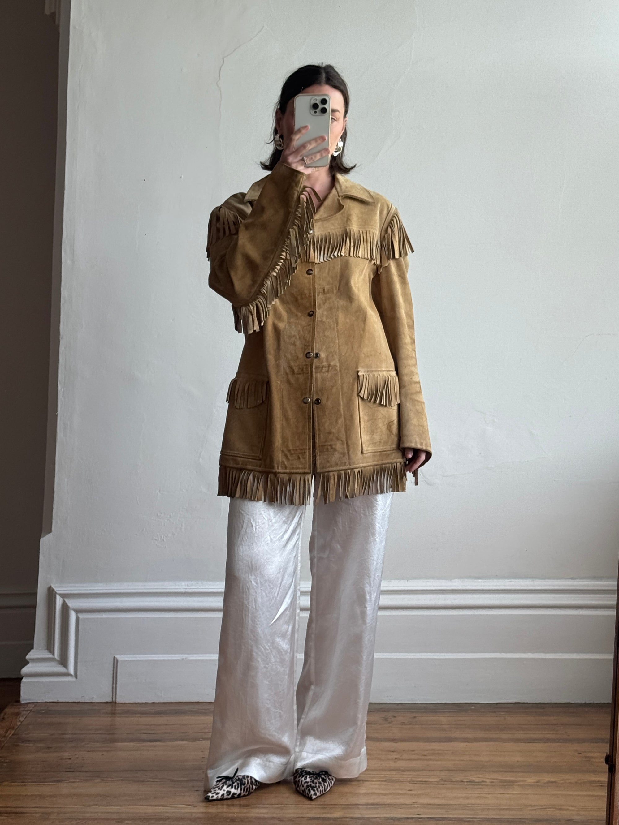 Vintage 70s Western Fringe Suede Leather Jacket Tan