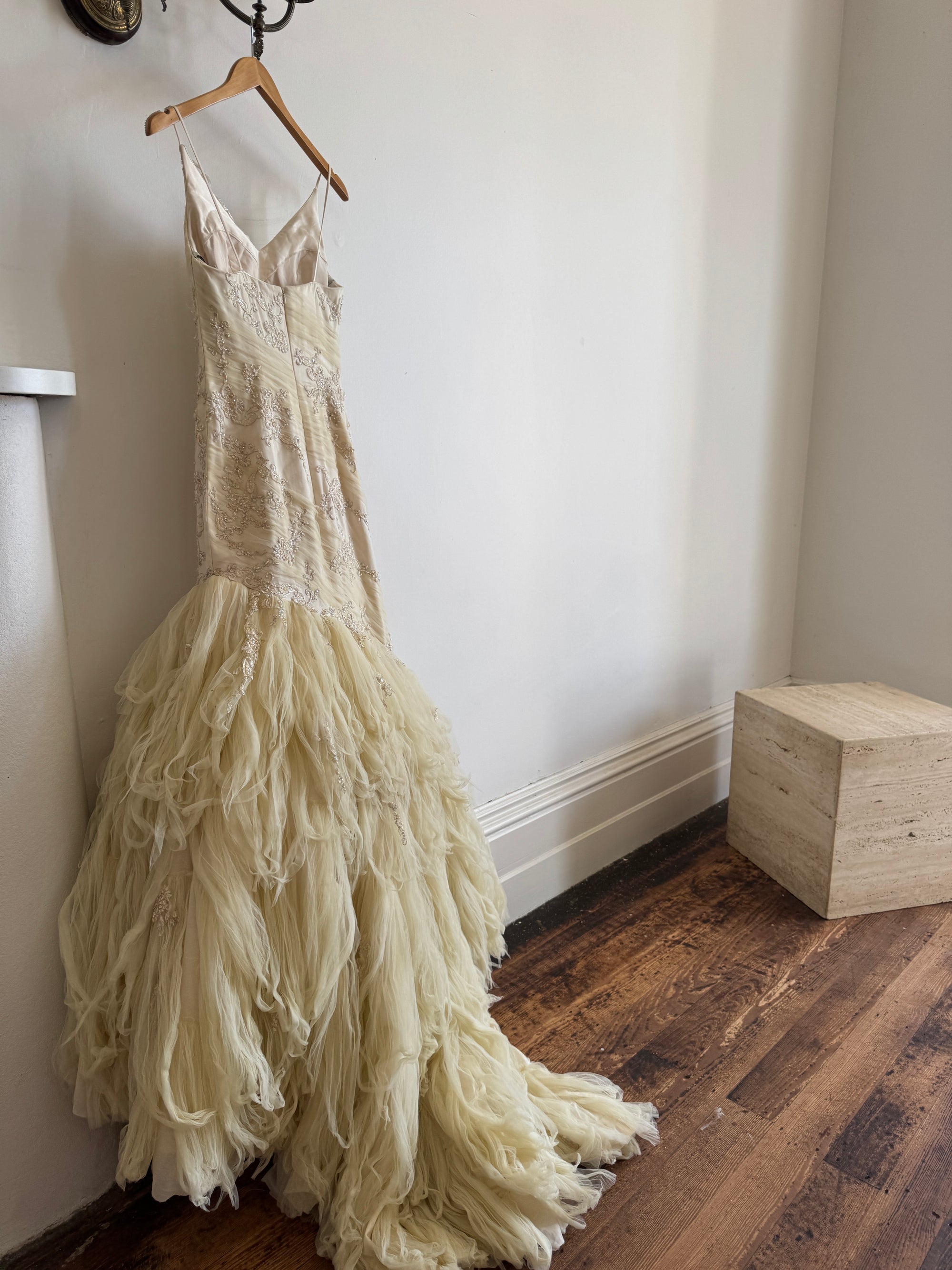 Vintage 90s Fishtail Beaded Tulle Wedding Gown Champagne