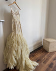 Vintage 90s Fishtail Beaded Tulle Wedding Gown Champagne