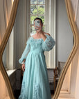 Vintage 80s Sky Blue Tulle Off Shoulder Party Dress