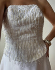 Vintage 90s Beaded Tassel Strapless Satin Wedding Gown