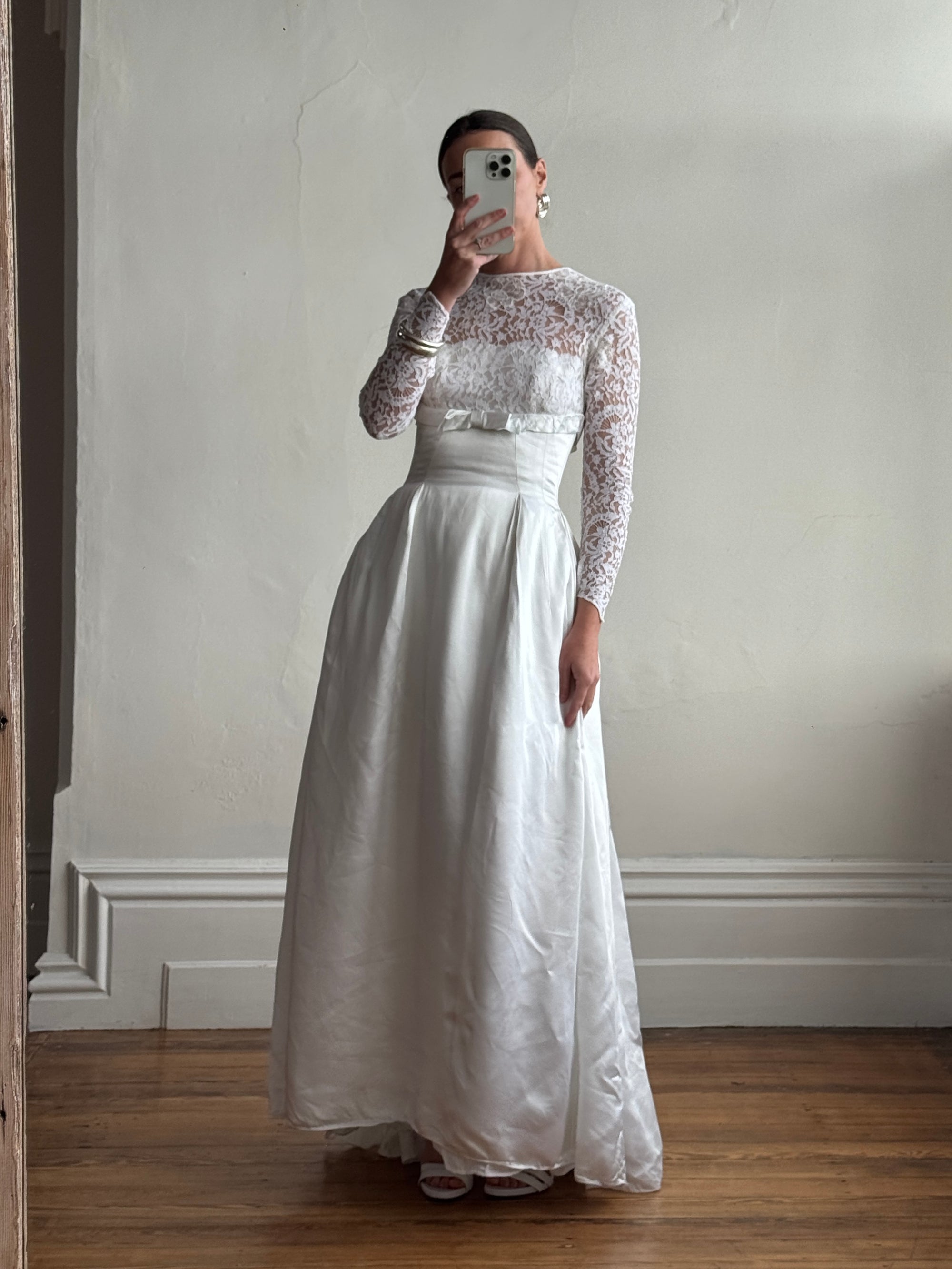 Vintage 50s Reworked Lace Long Sleeve Satin Wedding Gown With Bow