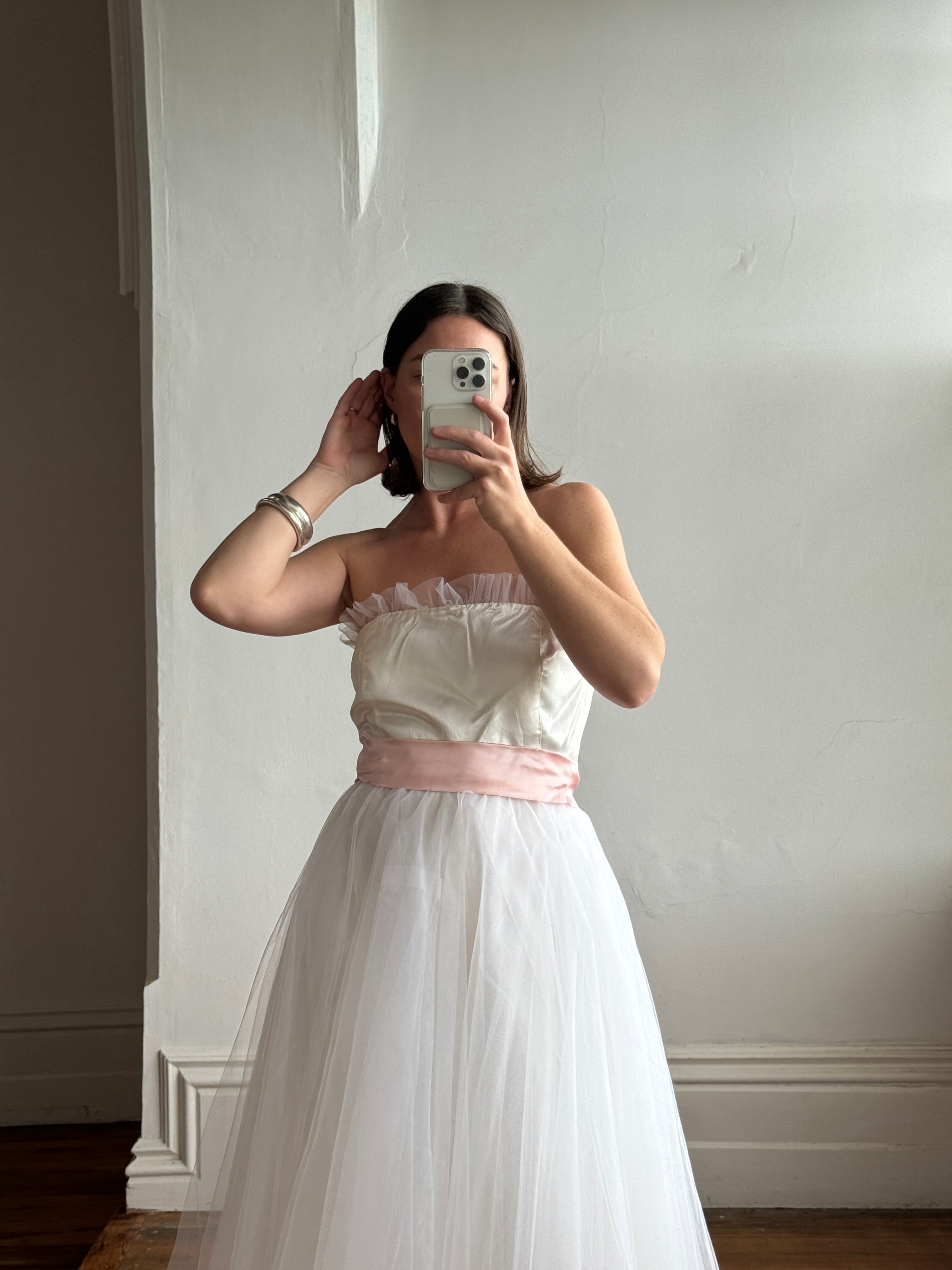 Vintage 80s Cupcake Tulle Dress With Salmon Waist Tie