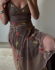 Vintage Y2K Mocha Silk Mesh Fairy Dress Sequin Floral