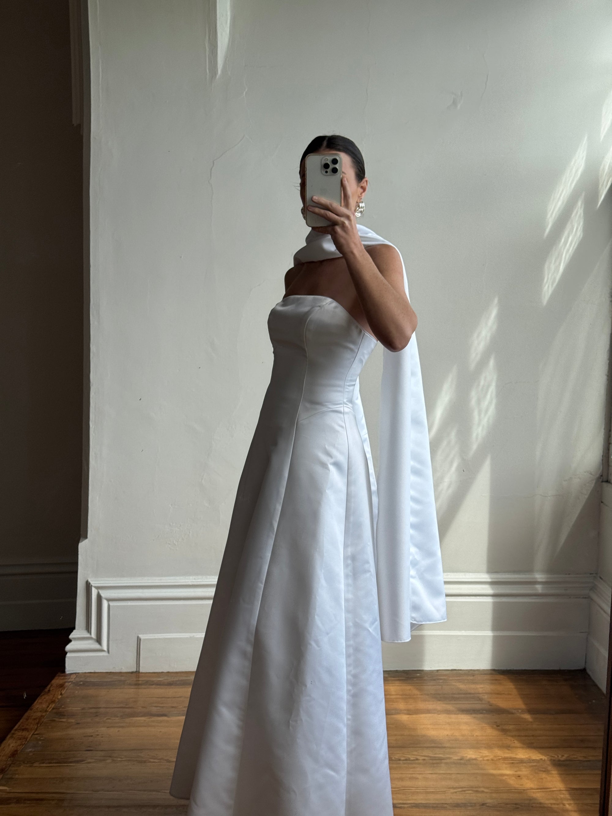 Vintage 90s A-Line Strapless Satin Wedding Dress with Shawl