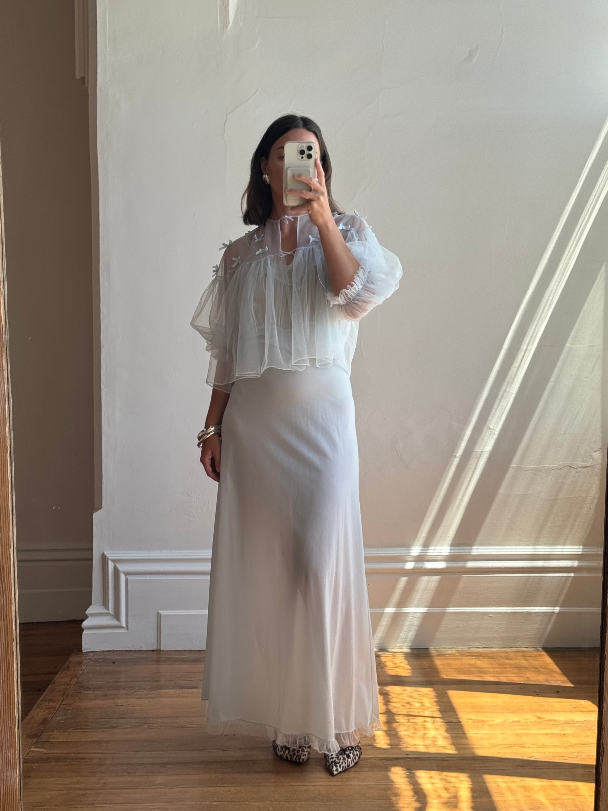 Vintage 50s Baby Blue Peignoir Slip and Jacket Set with Bows