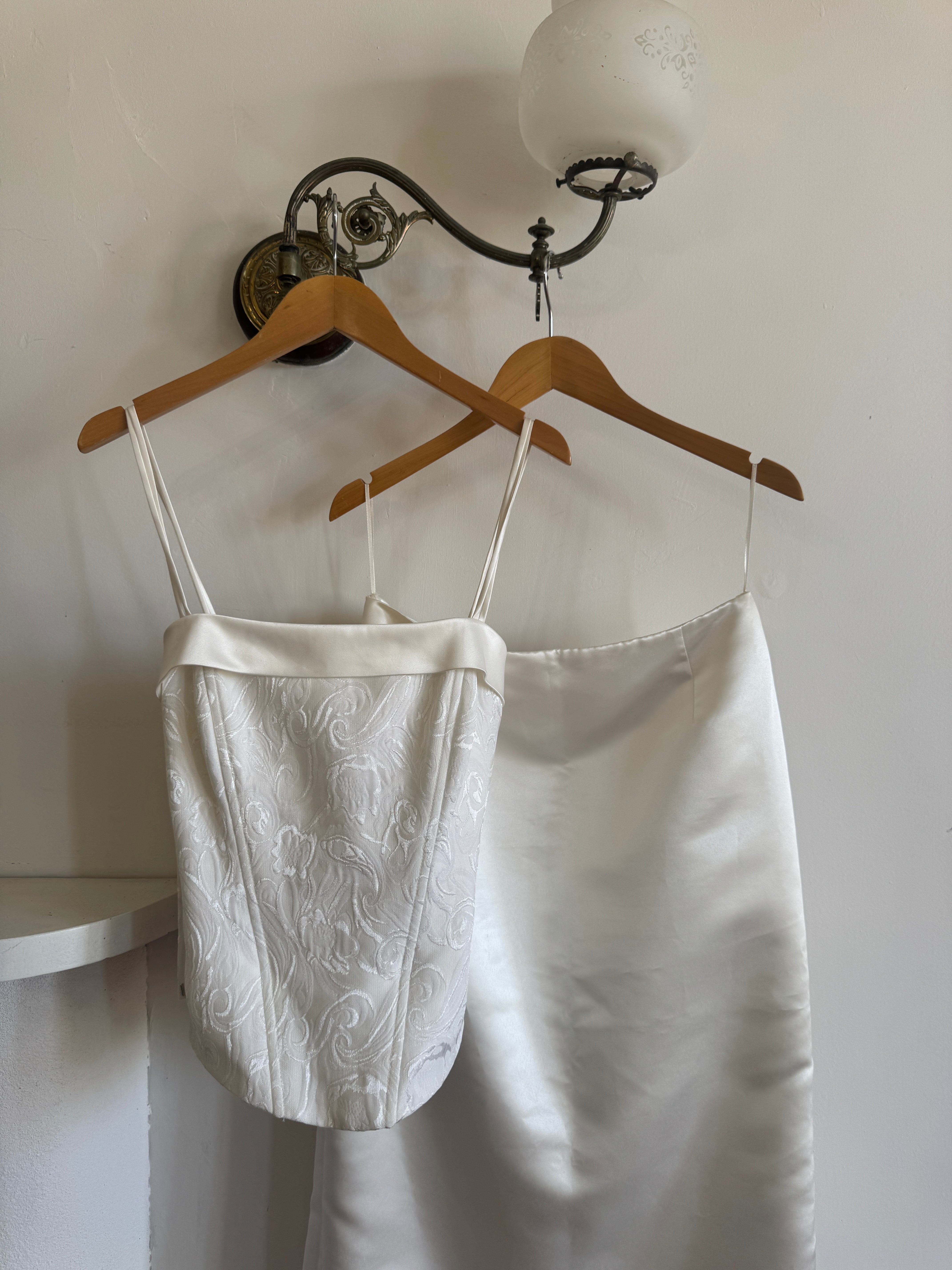 Vintage 90s Satin Jacquard Bodice and Skirt Set Ivory