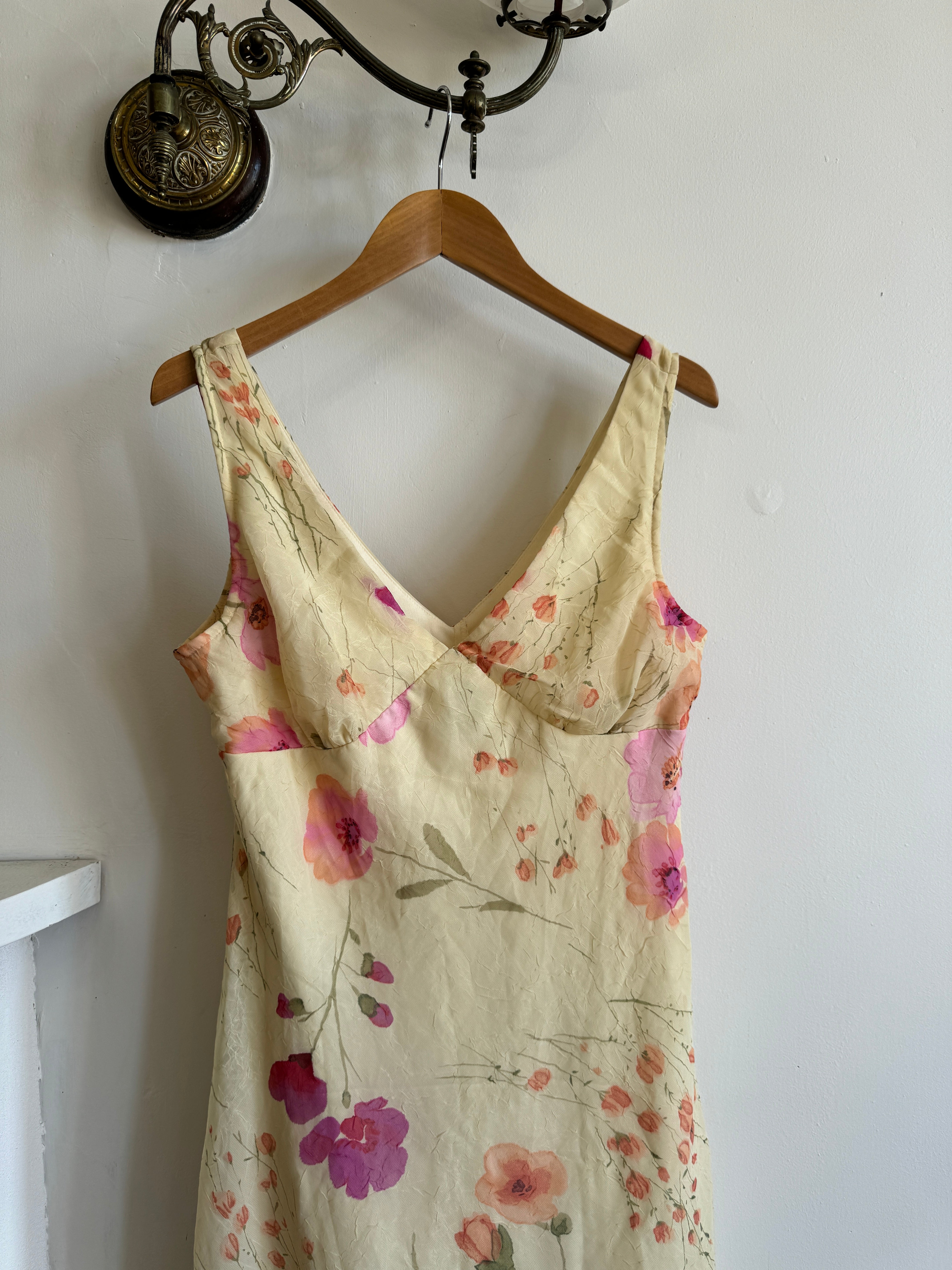 Vintage 90s Butter Yellow Floral Crinkle Sundress