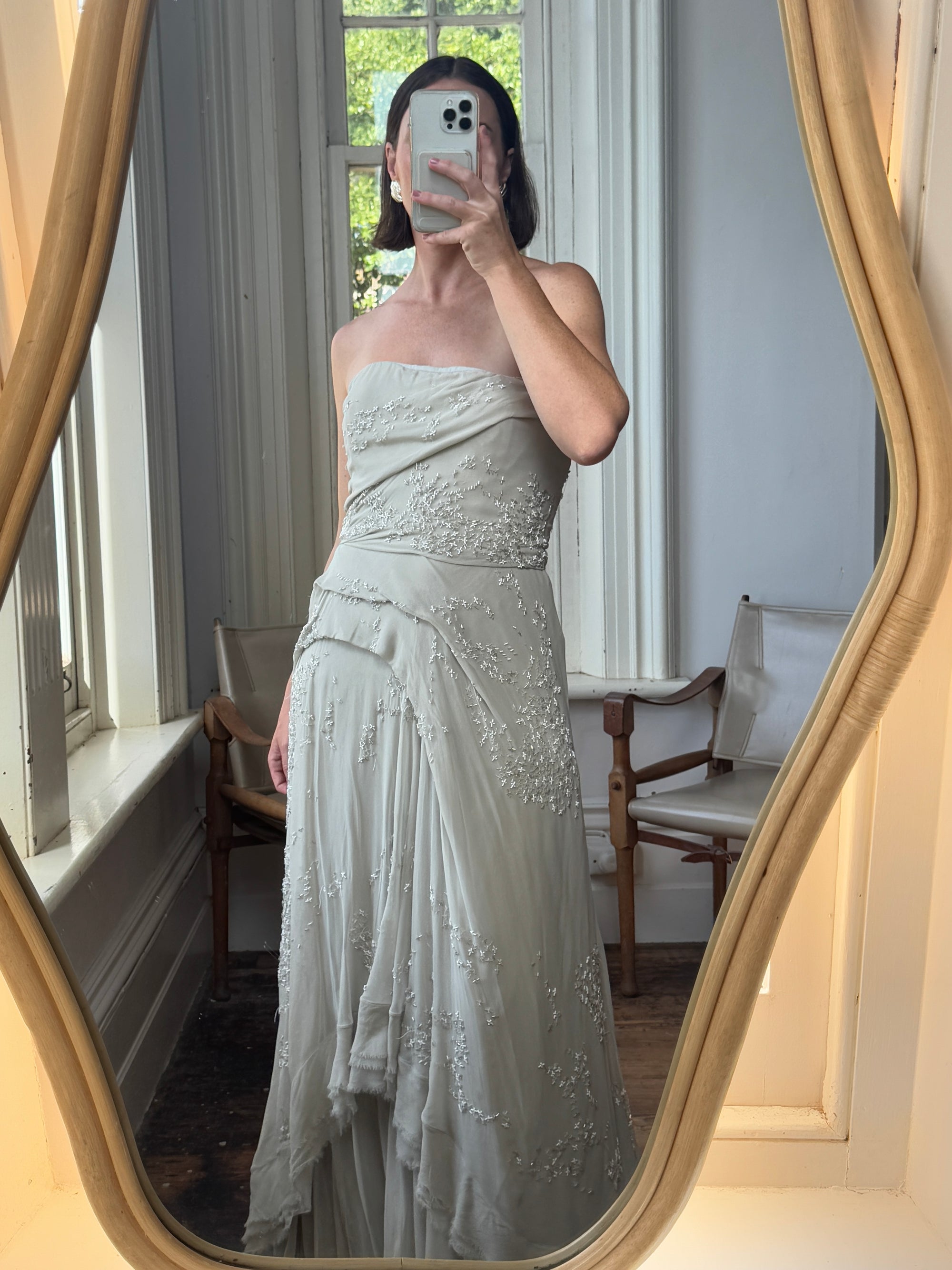 Archival Y2K J Mendel Pure Silk Beaded Wedding Dress Pale Grey