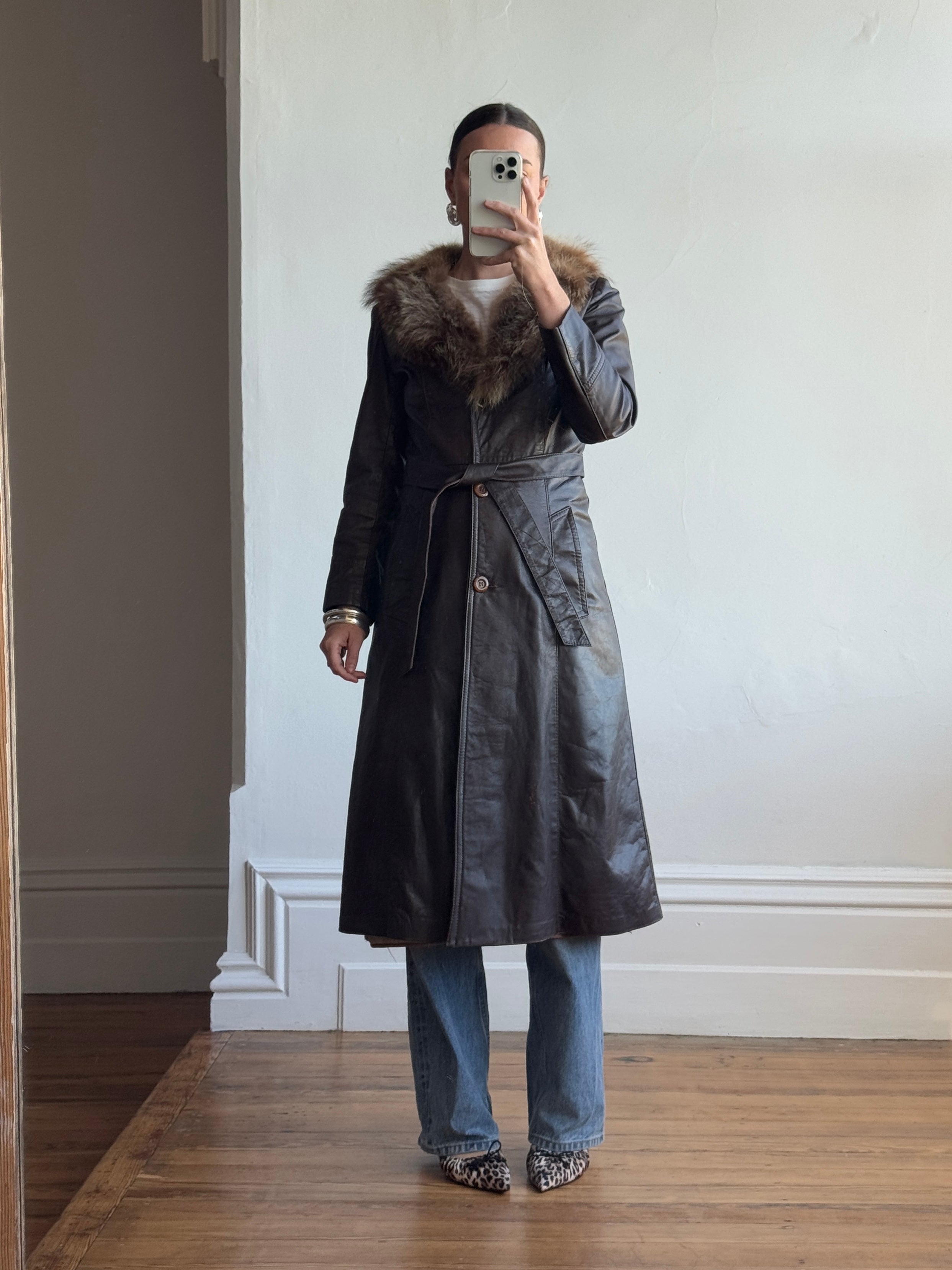 Vintage 70s Chocolate Leather Trench Coat with Fur Collar