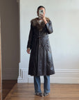 Vintage 70s Chocolate Leather Trench Coat with Fur Collar