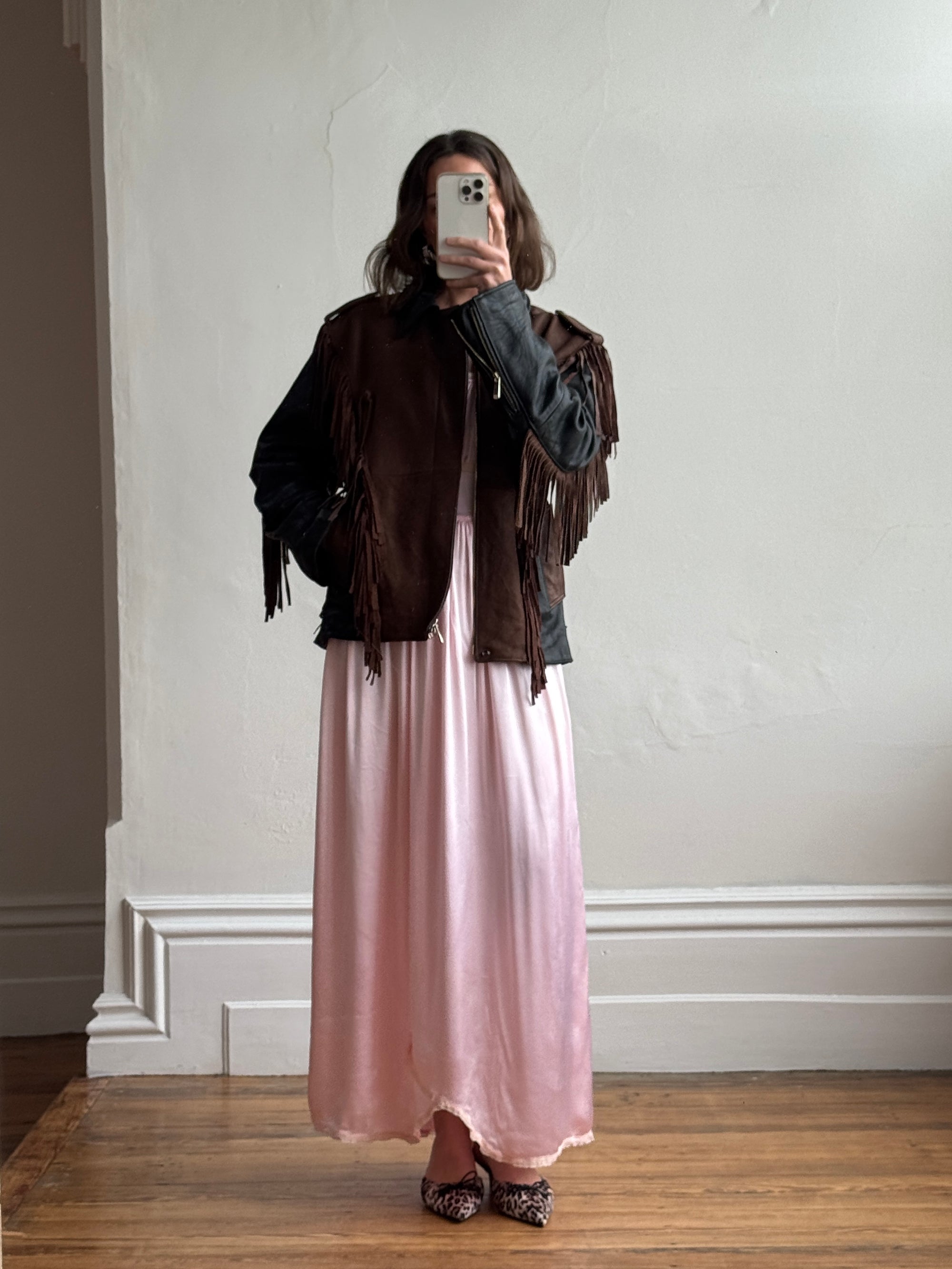 Vintage 70s Fringed Lace Up Leather Jacket Chocolate Noir