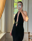 Vintage 90s Low Jersey Evening Dress Rhinestone Snake Noir