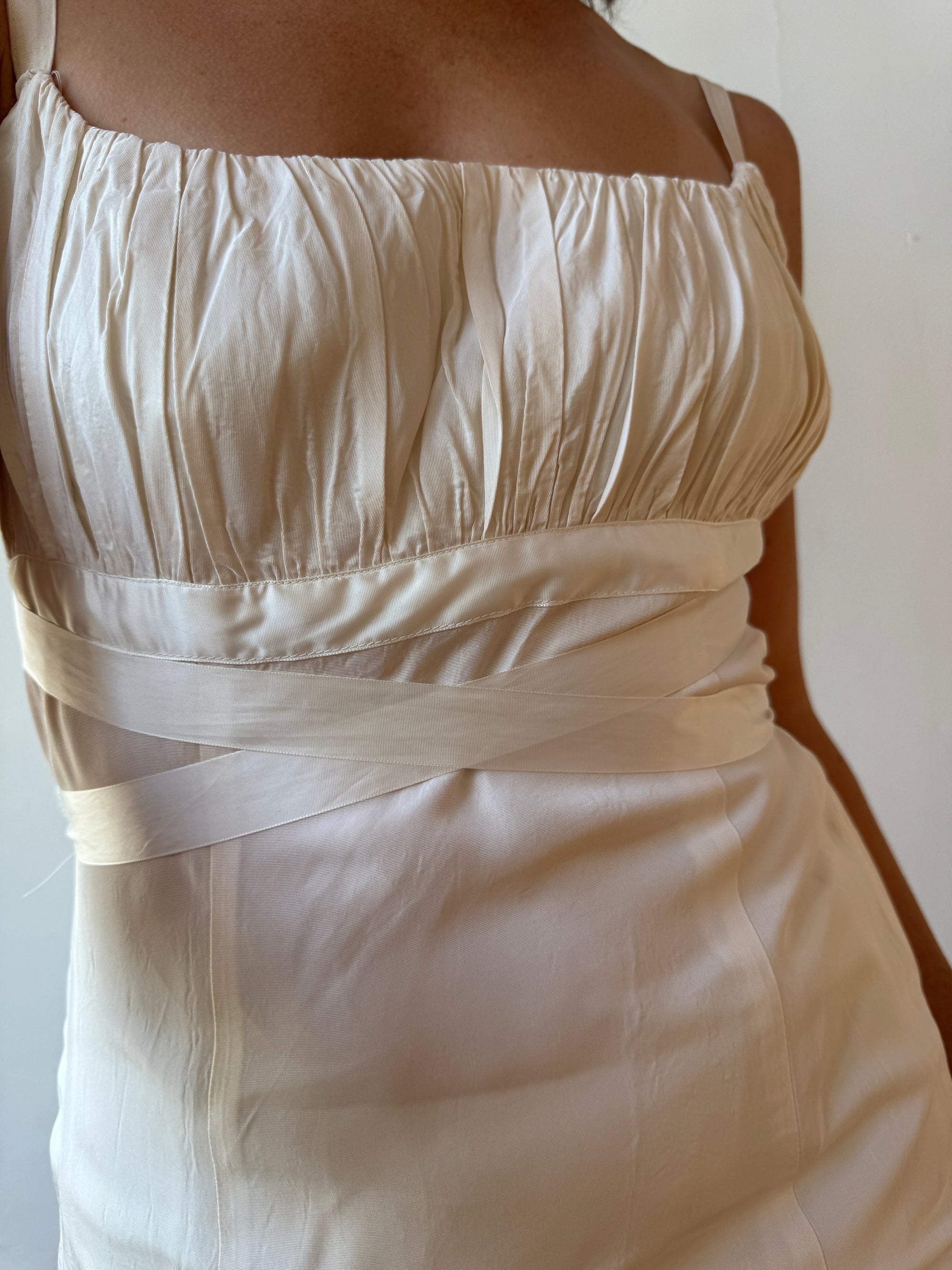 Vintage 90s Ivory Gathered Strappy Gown With Ribbon