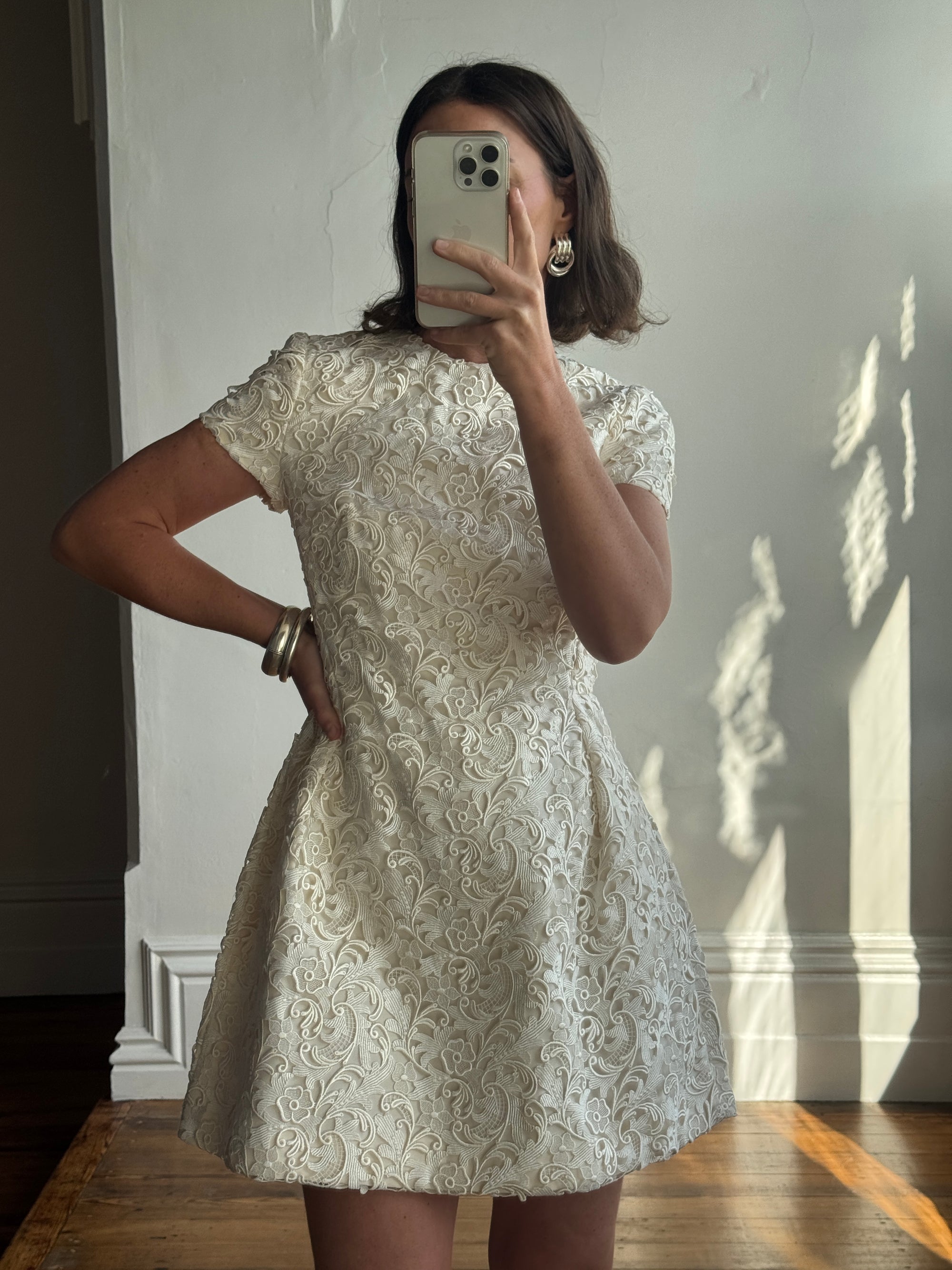 Vintage 90s Christian Dior Guipure Lace Structured Bridal Mini Creme