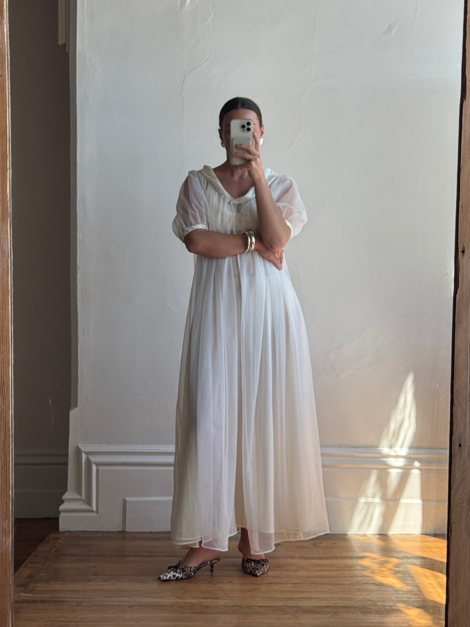 Vintage 50s Chiffon Bow Peignoir Slip Set Creme