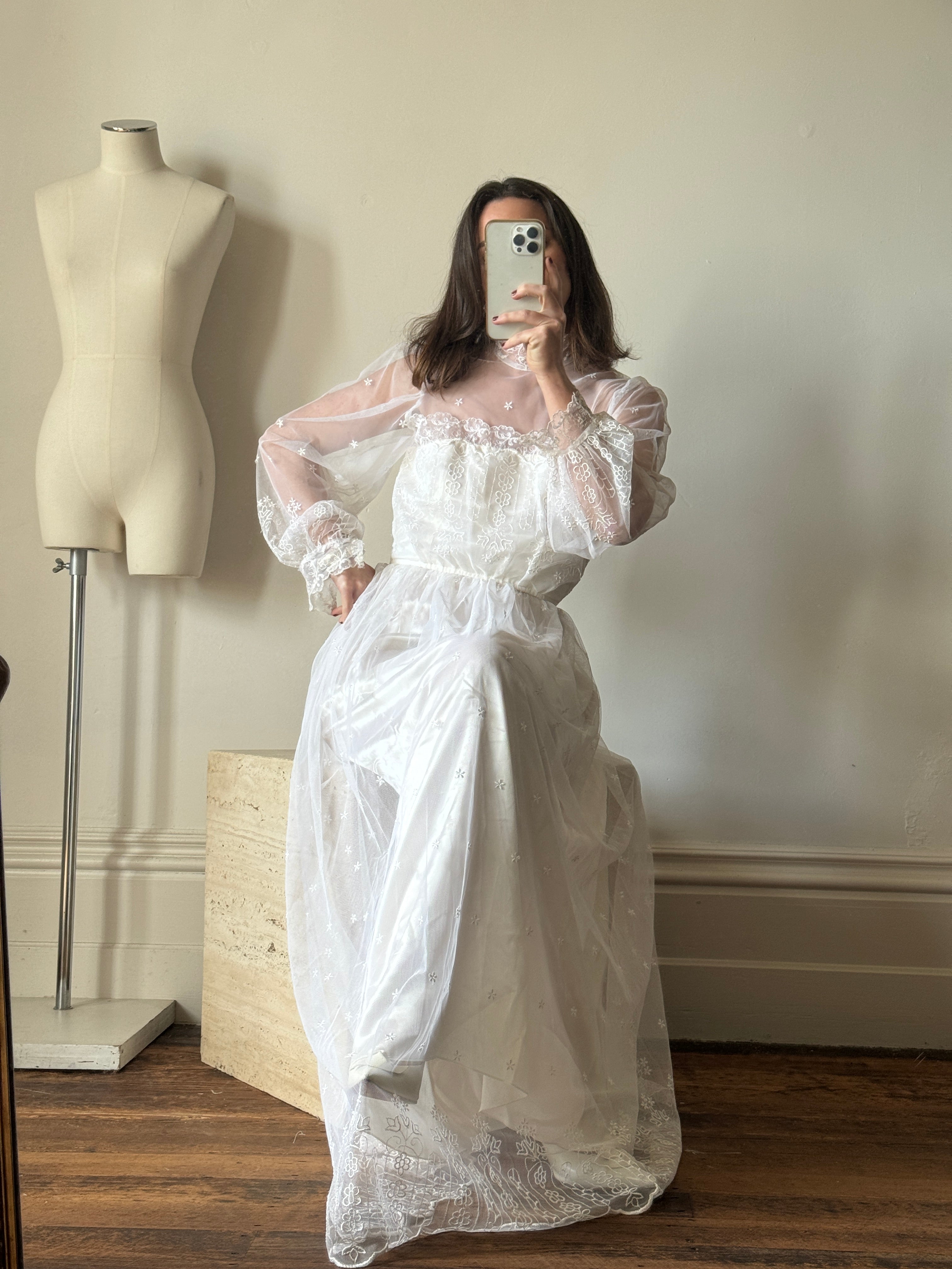 Vintage 70s High Neck Embroidered Long Sleeve Wedding Dress