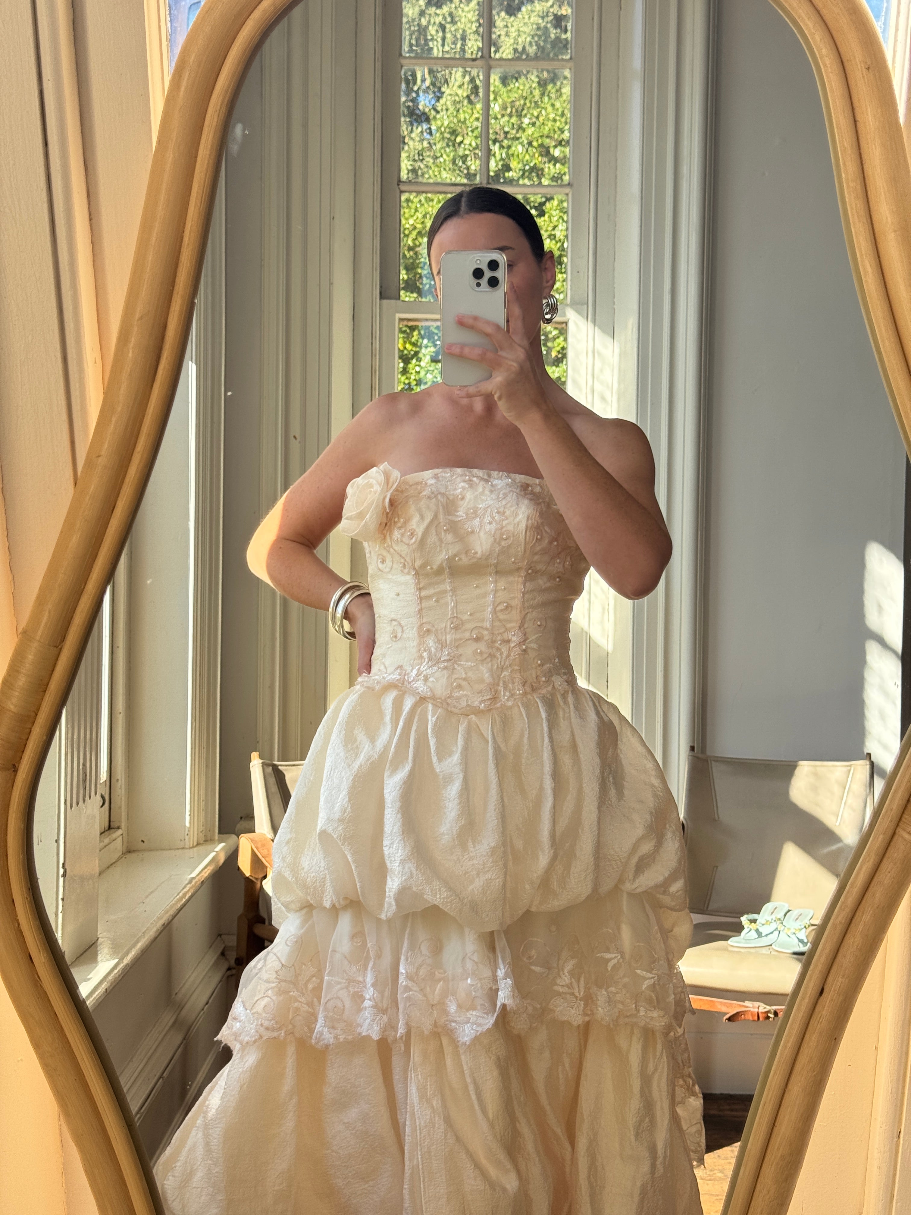 Vintage 90s Strapless Rosette Bubble Wedding Gown Peachy Creme