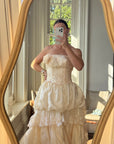 Vintage 90s Strapless Rosette Bubble Wedding Gown Peachy Creme
