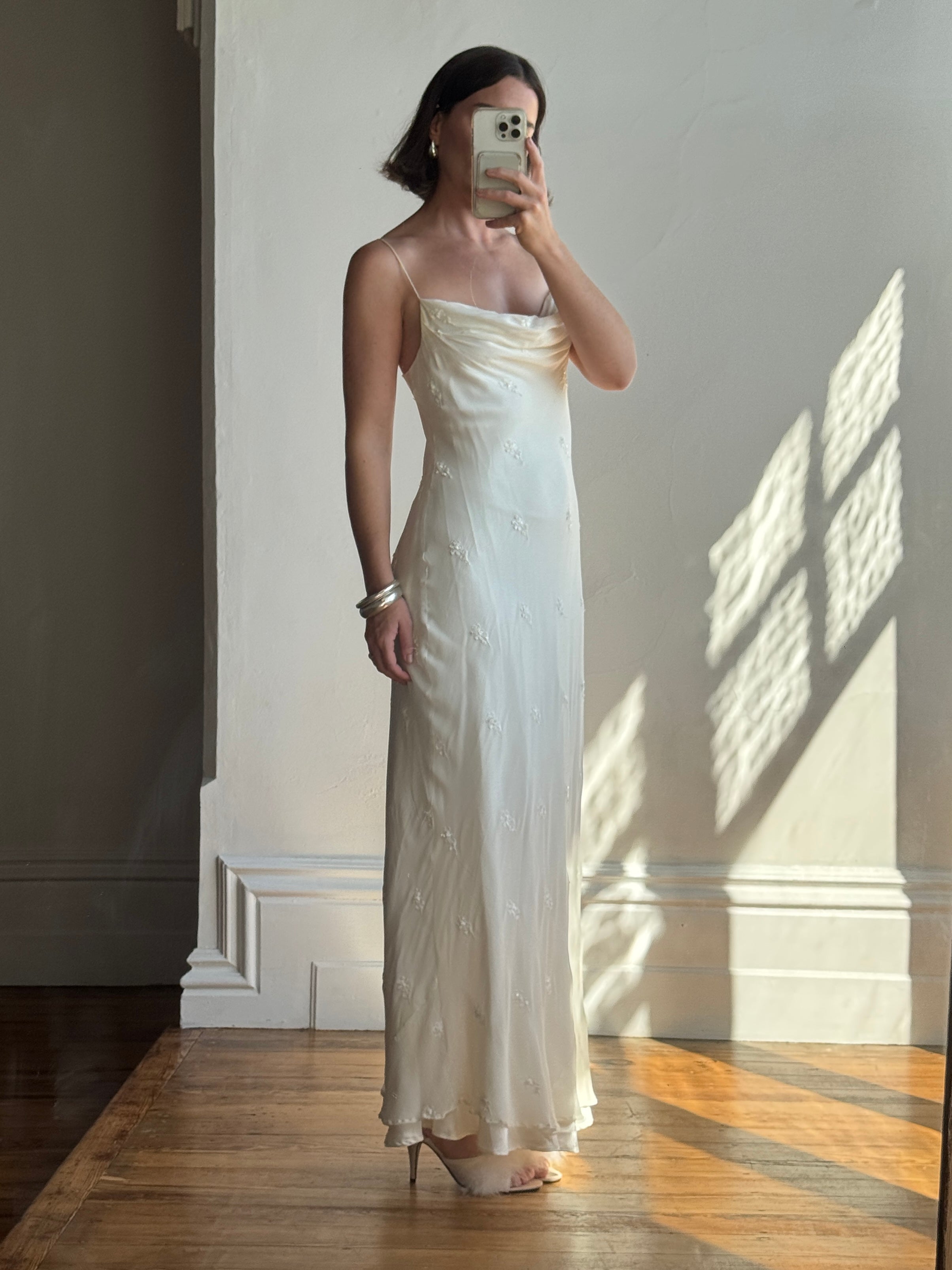 Vintage 90s Pure Silk Bias Cut Slip Embroidered Wedding Dress
