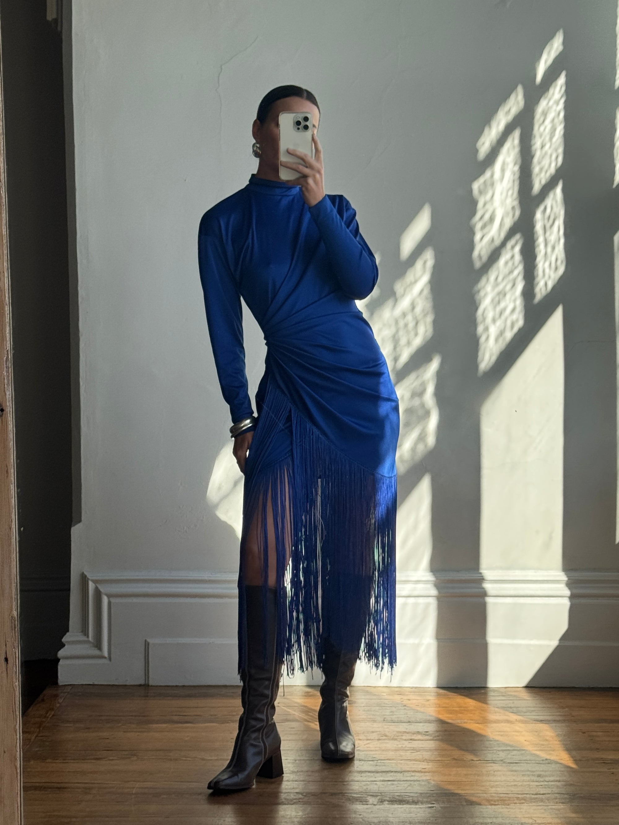 Vintage 80s Royal Blue Long Sleeve Fringe Dress