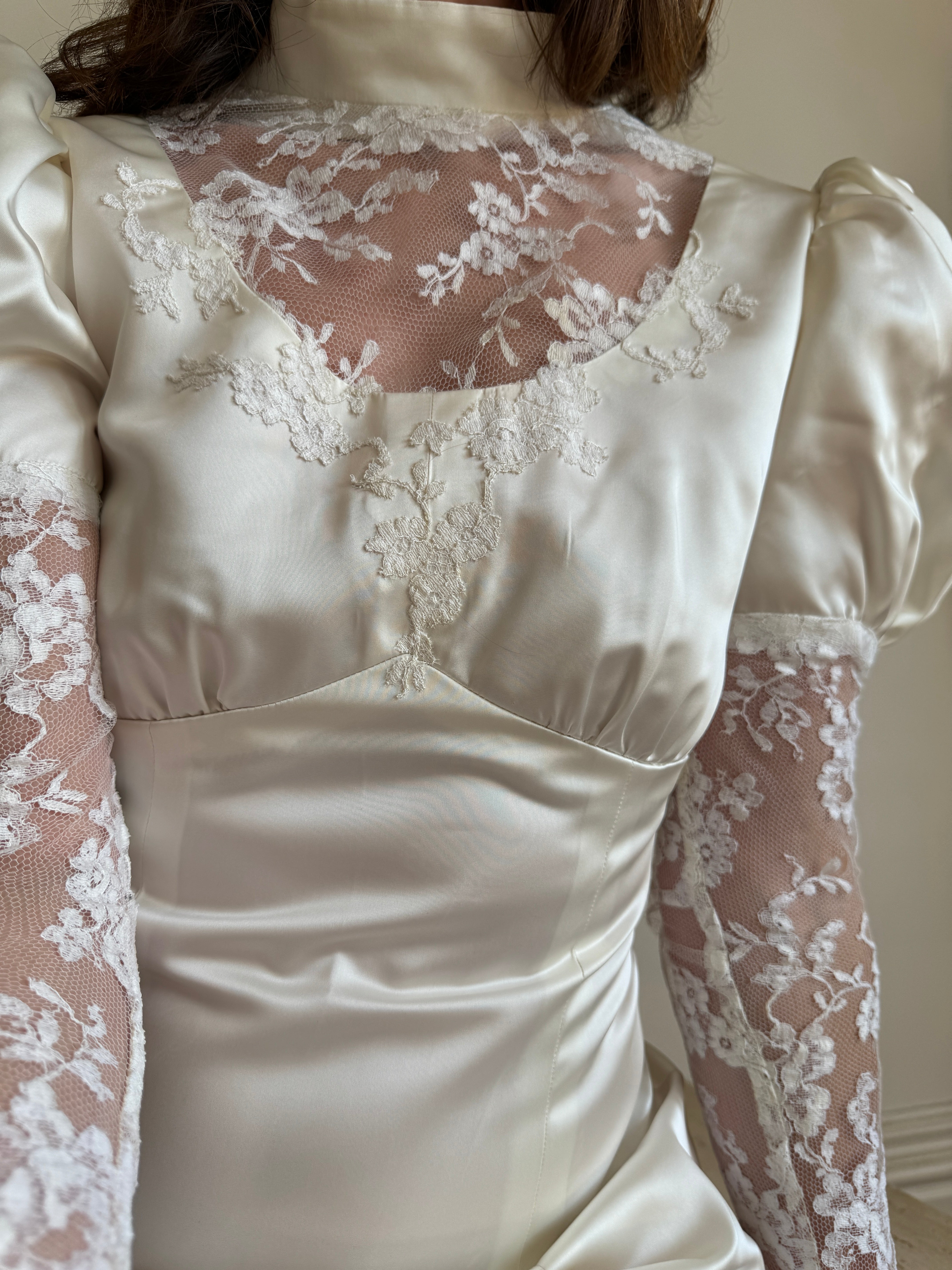 Vintage 80s Satin A-Line Wedding Gown with Puff Sleeves
