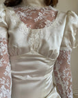 Vintage 80s Satin A-Line Wedding Gown with Puff Sleeves