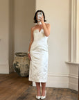 Vintage 90s Satin Strapless Bridal Midi With Neck Tie