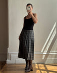 Vintage Scottish Wool Grey Plaid Pleated Midi Skirt