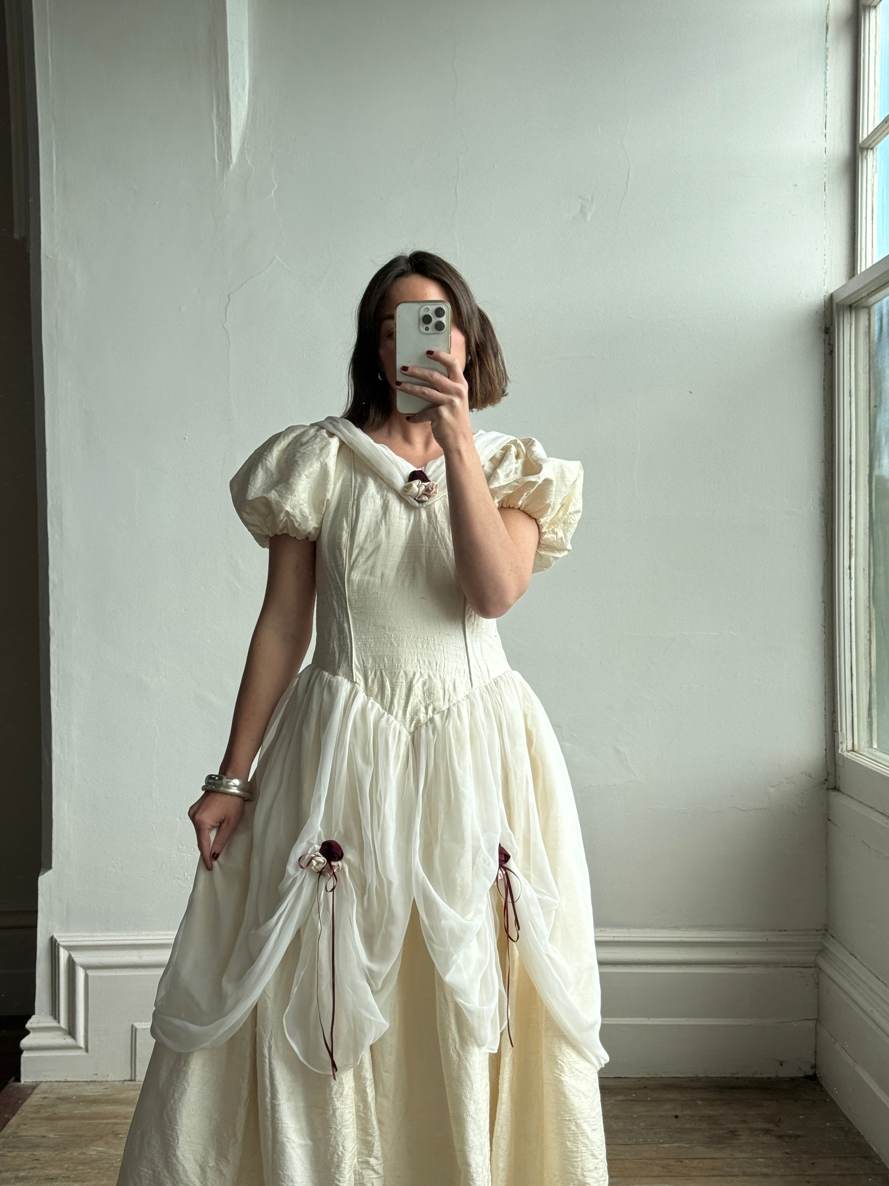 Vintage Silk Puff Sleeve Wedding Dress with Chiffon and Roses