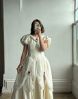 Vintage Silk Puff Sleeve Wedding Dress with Chiffon and Roses