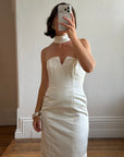 Vintage 90s Satin Strapless Bridal Midi With Neck Tie