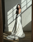 Vintage Y2K Strapless Satin Wedding Gown with Ruffled Train