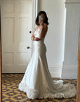 Vintage Y2K Strapless Satin Wedding Gown with Ruffled Train